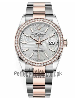 Newest Model-Rolex Datejust Silver Palm Motif Dial Diamond Watch  Price in Pakistan