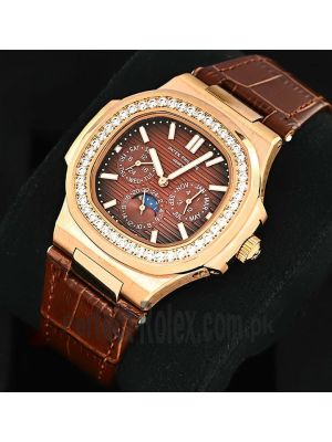 Patek Philippe Nautilus Perpetual Calendar Leather Straps Brown Watch Price in Pakistan