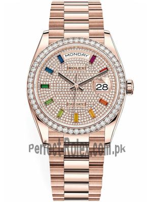 Rolex Day-Date Rainbow Pave Diamond Dial Rose Gold 128345RBR-0042 Watch Price in Pakistan